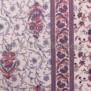 Blue Border With Cream Base With  Small Mughal Print Cotton Double Bedsheet With Pillow Cover