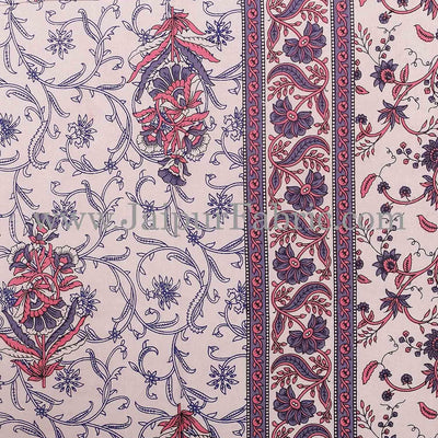 Blue Border With Cream Base With  Small Mughal Print Cotton Double Bedsheet With Pillow Cover