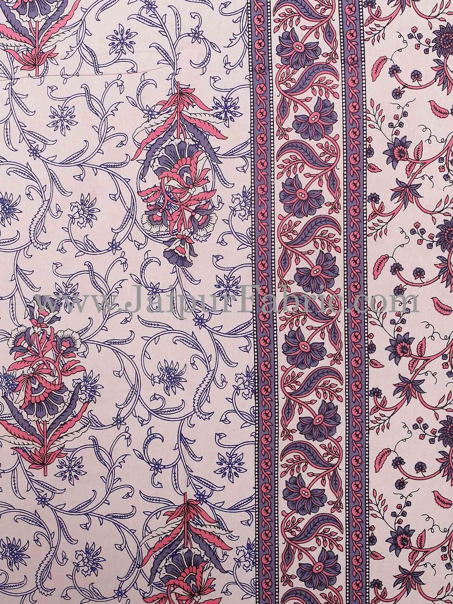 Blue Border With Cream Base With  Small Mughal Print Cotton Double Bedsheet With Pillow Cover