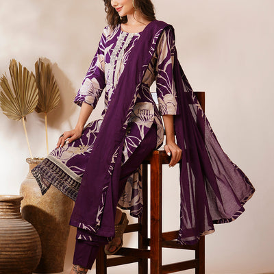 Abstract Floral Printed & Embroidered Straight Fit Kurta with Pant and Dupatta - Deep Purple