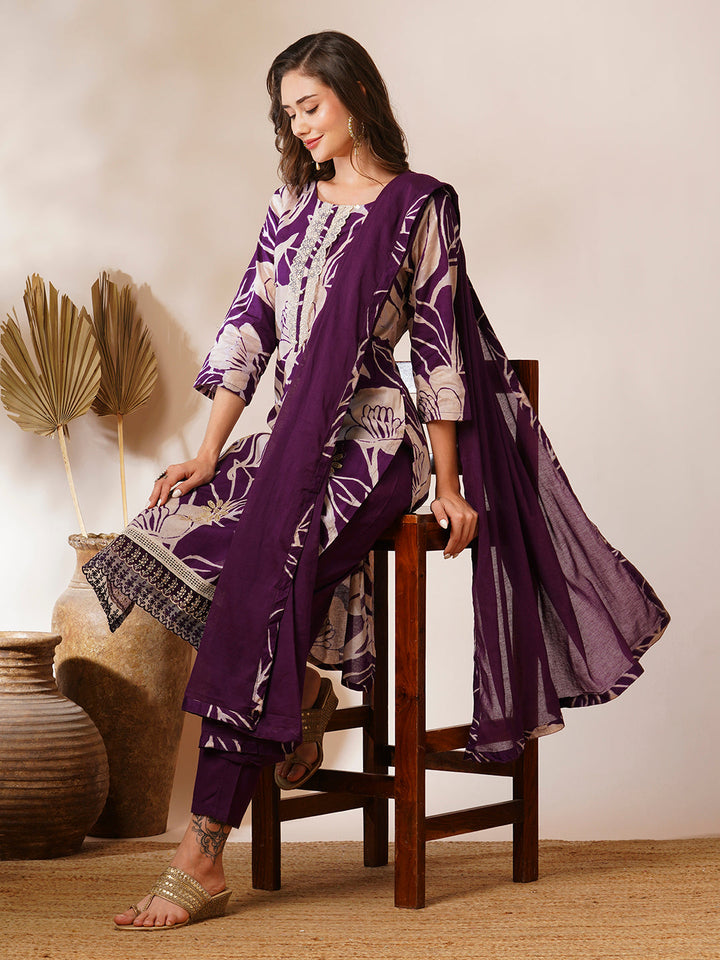 Abstract Floral Printed & Embroidered Straight Fit Kurta with Pant and Dupatta - Deep Purple