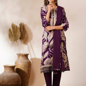 Abstract Floral Printed & Embroidered Straight Fit Kurta with Pant and Dupatta - Deep Purple