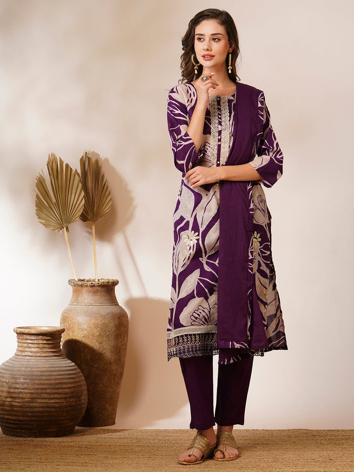 Abstract Floral Printed & Embroidered Straight Fit Kurta with Pant and Dupatta - Deep Purple