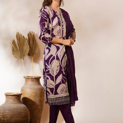 Abstract Floral Printed & Embroidered Straight Fit Kurta with Pant and Dupatta - Deep Purple