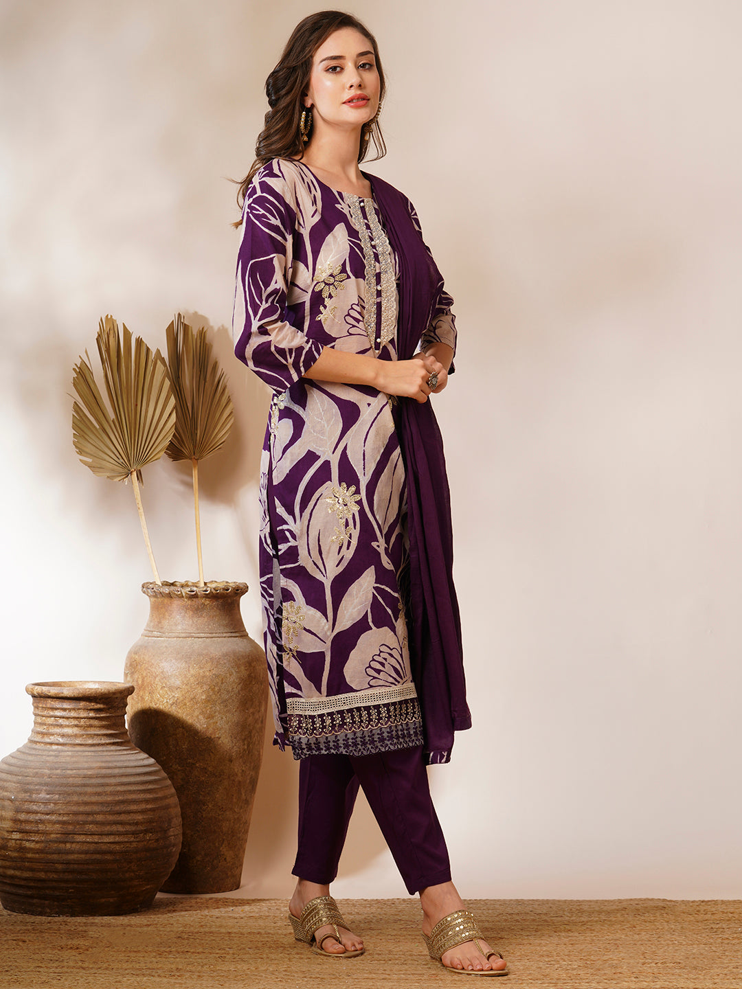 Abstract Floral Printed & Embroidered Straight Fit Kurta with Pant and Dupatta - Deep Purple