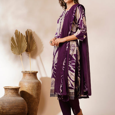 Abstract Floral Printed & Embroidered Straight Fit Kurta with Pant and Dupatta - Deep Purple