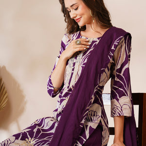 Abstract Floral Printed & Embroidered Straight Fit Kurta with Pant and Dupatta - Deep Purple