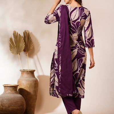 Abstract Floral Printed & Embroidered Straight Fit Kurta with Pant and Dupatta - Deep Purple