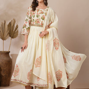 Floral Block Printed A-Line Pleated Kurta with Pant and Dupatta - Cream