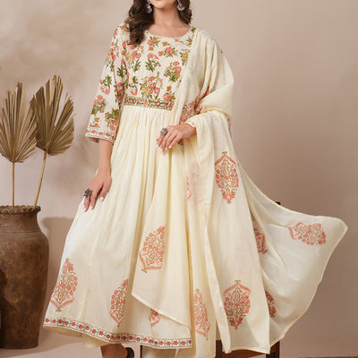 Floral Block Printed A-Line Pleated Kurta with Pant and Dupatta - Cream