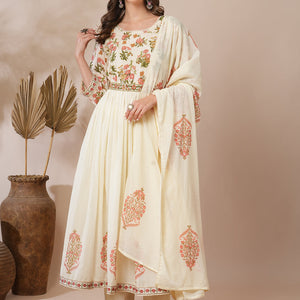Floral Block Printed A-Line Pleated Kurta with Pant and Dupatta - Cream