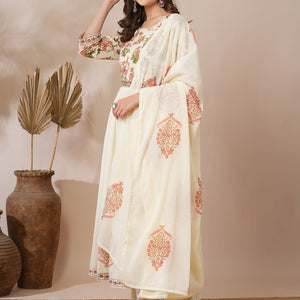 Floral Block Printed A-Line Pleated Kurta with Pant and Dupatta - Cream