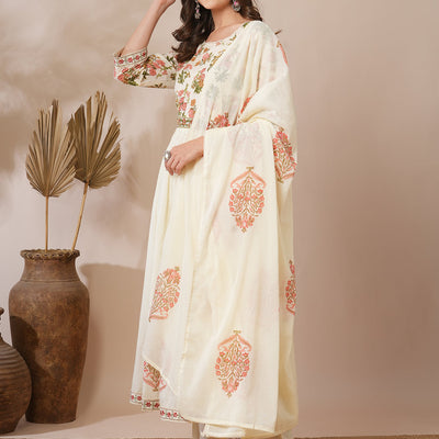 Floral Block Printed A-Line Pleated Kurta with Pant and Dupatta - Cream