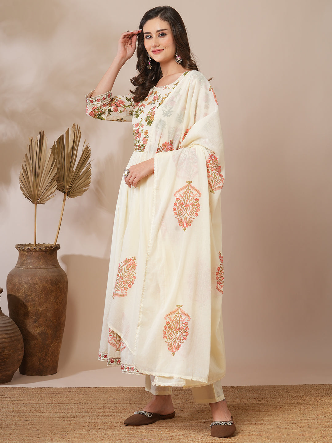 Floral Block Printed A-Line Pleated Kurta with Pant and Dupatta - Cream