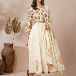 Floral Block Printed A-Line Pleated Kurta with Pant and Dupatta - Cream