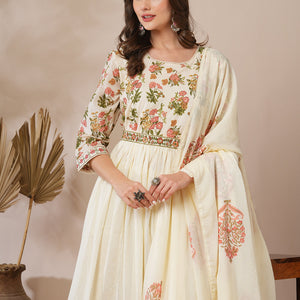 Floral Block Printed A-Line Pleated Kurta with Pant and Dupatta - Cream