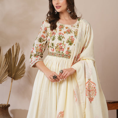 Floral Block Printed A-Line Pleated Kurta with Pant and Dupatta - Cream