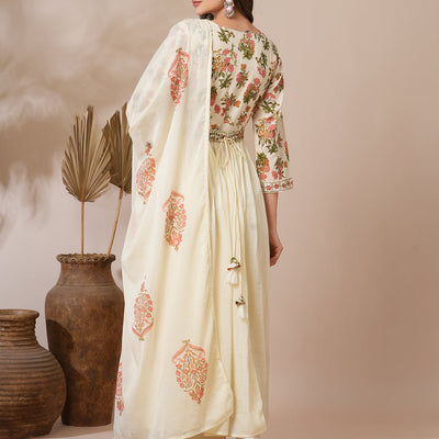 Floral Block Printed A-Line Pleated Kurta with Pant and Dupatta - Cream