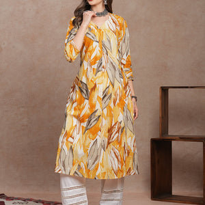 Abstract Floral Printed A-Line Kurta - Yellow