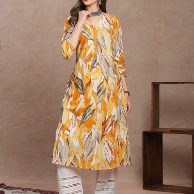 Abstract Floral Printed A-Line Kurta - Yellow