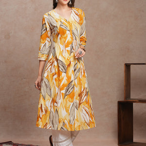 Abstract Floral Printed A-Line Kurta - Yellow
