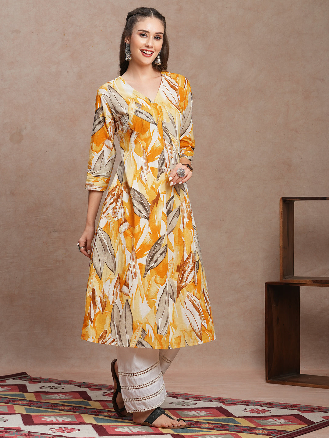 Abstract Floral Printed A-Line Kurta - Yellow