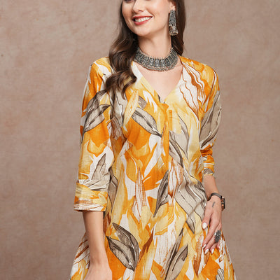 Abstract Floral Printed A-Line Kurta - Yellow