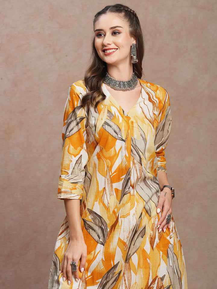 Abstract Floral Printed A-Line Kurta - Yellow