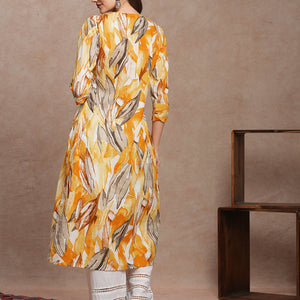 Abstract Floral Printed A-Line Kurta - Yellow
