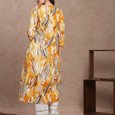 Abstract Floral Printed A-Line Kurta - Yellow