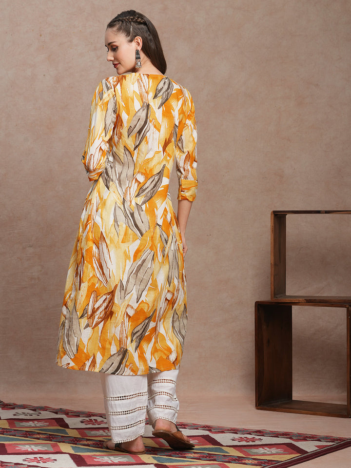 Abstract Floral Printed A-Line Kurta - Yellow