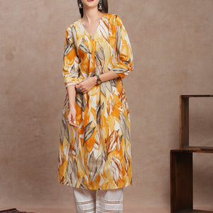 Abstract Floral Printed A-Line Kurta - Yellow