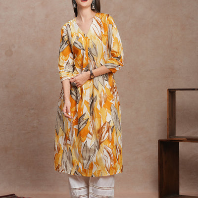 Abstract Floral Printed A-Line Kurta - Yellow