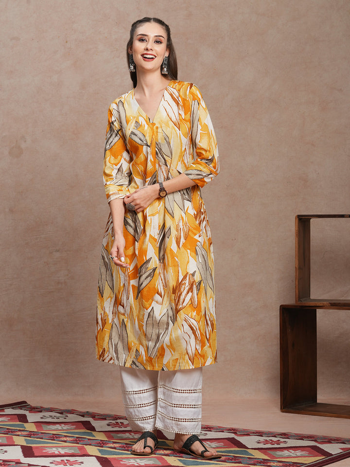 Abstract Floral Printed A-Line Kurta - Yellow