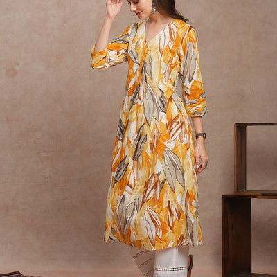 Abstract Floral Printed A-Line Kurta - Yellow