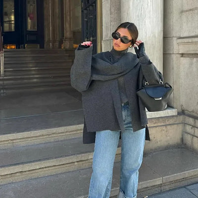 Essie Vintage Woolen Short Coat in Grey with Scarf