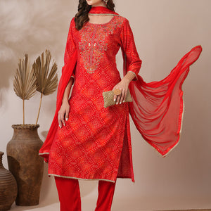 Bandhani Printed & Embroidered Straight Fit Kurta with Pant & Dupatta - Red