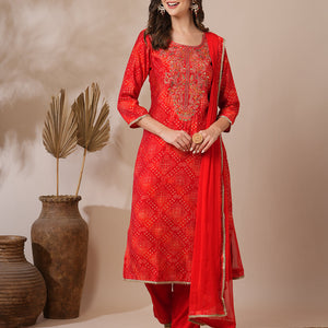 Bandhani Printed & Embroidered Straight Fit Kurta with Pant & Dupatta - Red