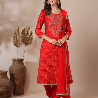 Bandhani Printed & Embroidered Straight Fit Kurta with Pant & Dupatta - Red