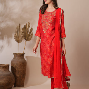 Bandhani Printed & Embroidered Straight Fit Kurta with Pant & Dupatta - Red