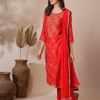 Bandhani Printed & Embroidered Straight Fit Kurta with Pant & Dupatta - Red