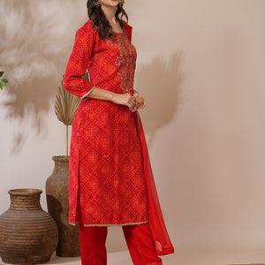 Bandhani Printed & Embroidered Straight Fit Kurta with Pant & Dupatta - Red