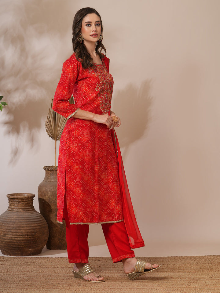 Bandhani Printed & Embroidered Straight Fit Kurta with Pant & Dupatta - Red