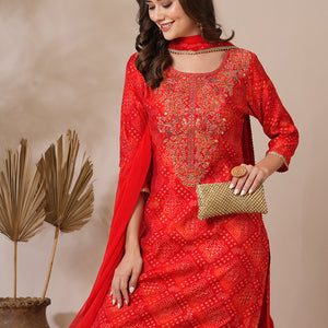 Bandhani Printed & Embroidered Straight Fit Kurta with Pant & Dupatta - Red