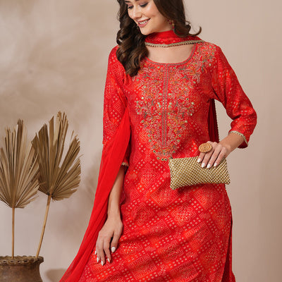 Bandhani Printed & Embroidered Straight Fit Kurta with Pant & Dupatta - Red