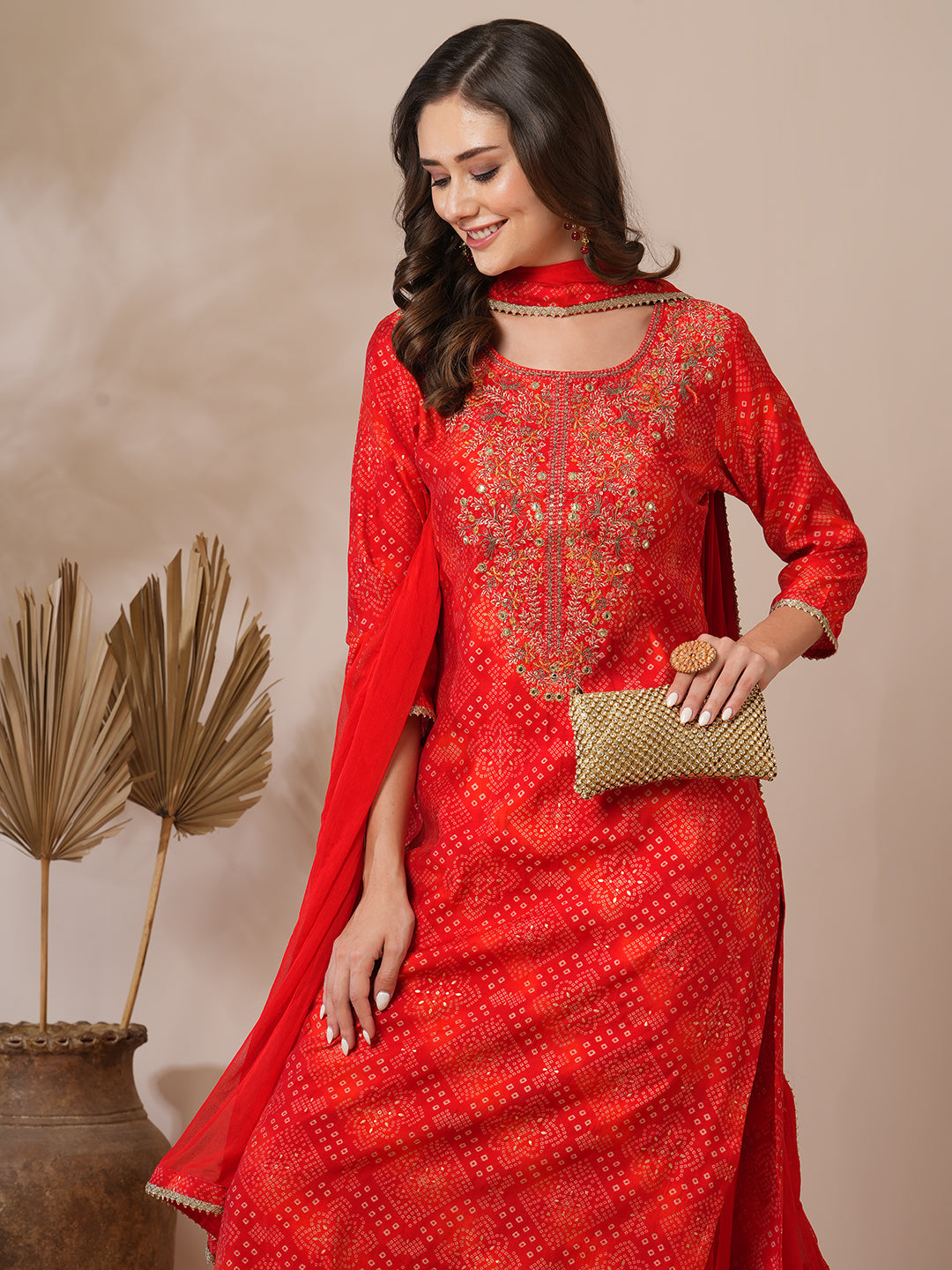 Bandhani Printed & Embroidered Straight Fit Kurta with Pant & Dupatta - Red