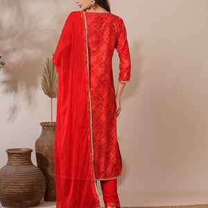 Bandhani Printed & Embroidered Straight Fit Kurta with Pant & Dupatta - Red
