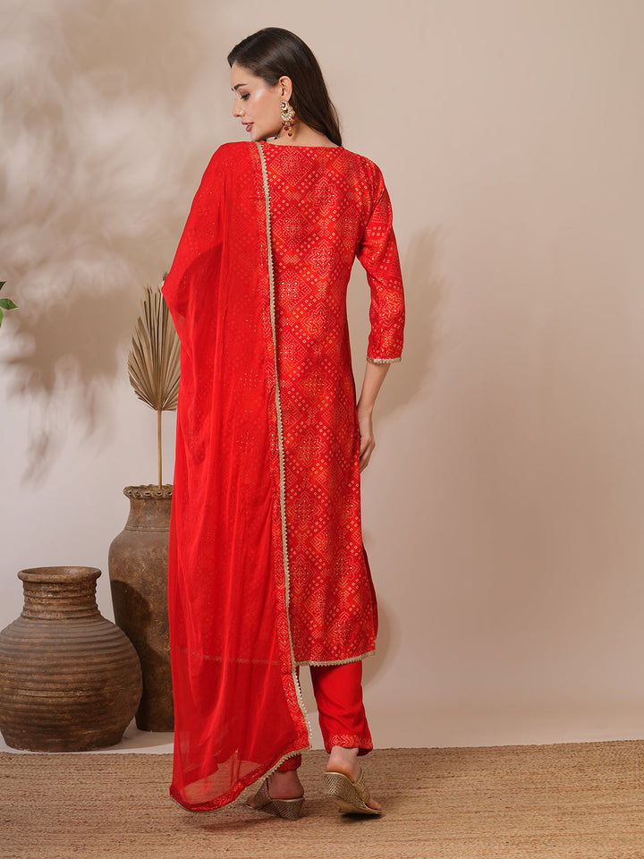 Bandhani Printed & Embroidered Straight Fit Kurta with Pant & Dupatta - Red