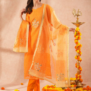 Leheriya Printed & Gota Embroidered Straight Kurta with Pant & Dupatta - Orange