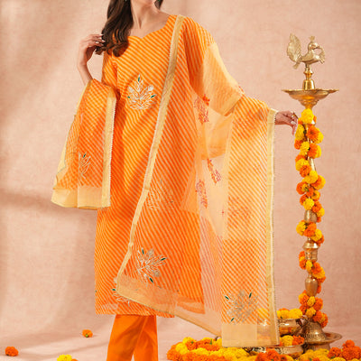 Leheriya Printed & Gota Embroidered Straight Kurta with Pant & Dupatta - Orange
